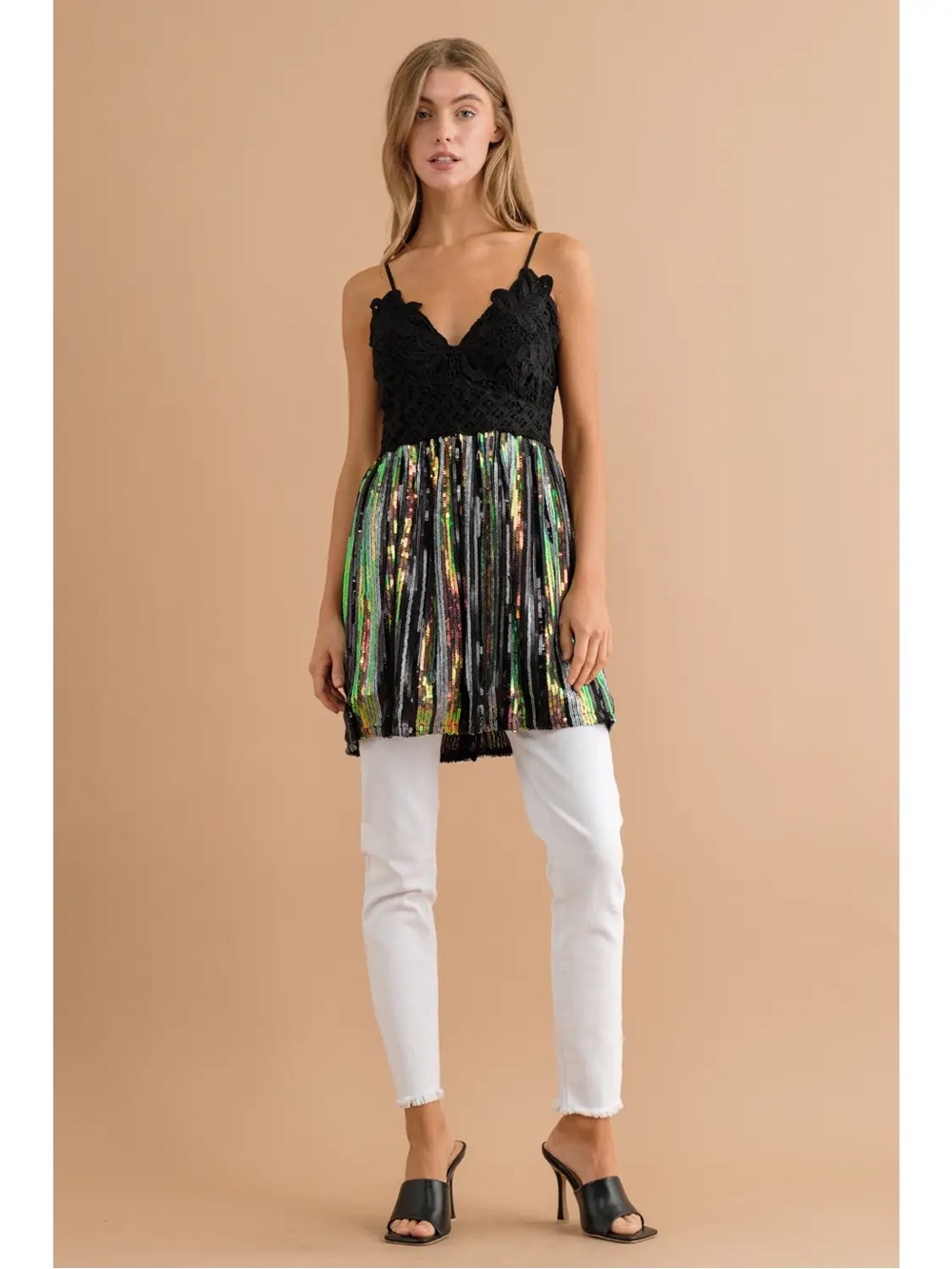 P-022 Blue B Bralette Sequin Stripe Cami Tunic Top